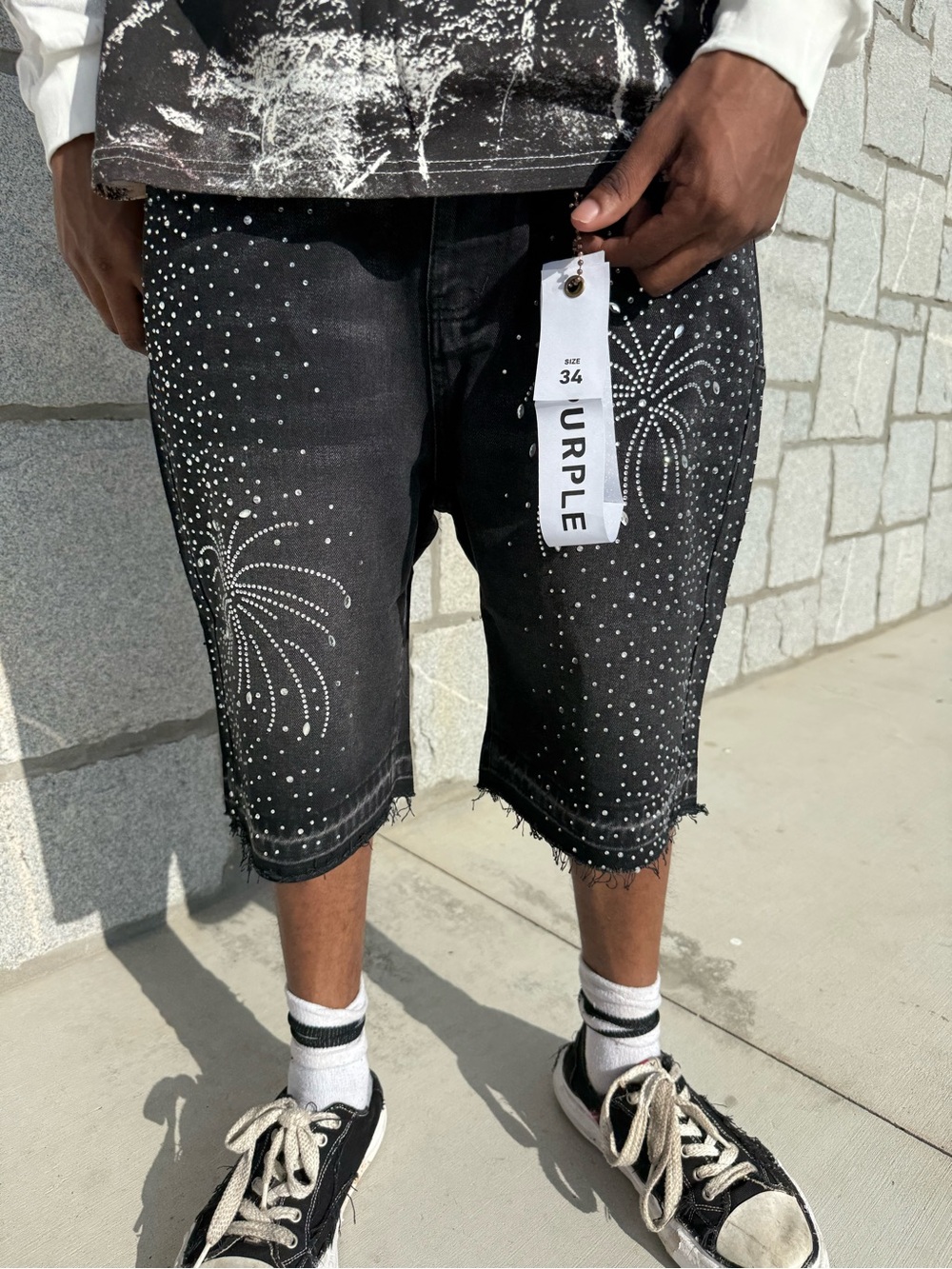 Black Studded Firework Jean Shorts - Men